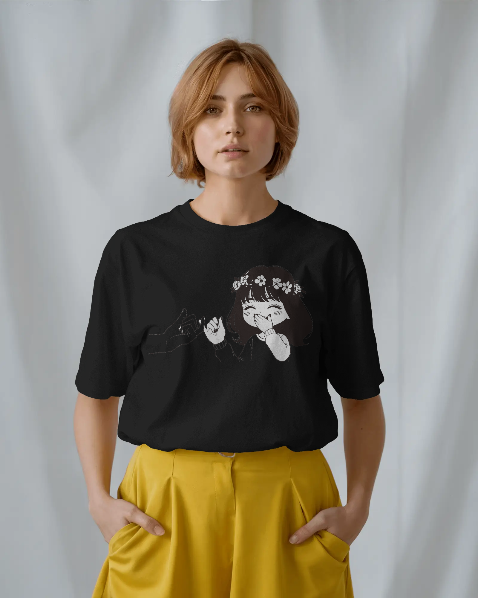 woman wearing oversized t shirt with cute girl illustration print – TAM-053 by Tanabana A Manoam