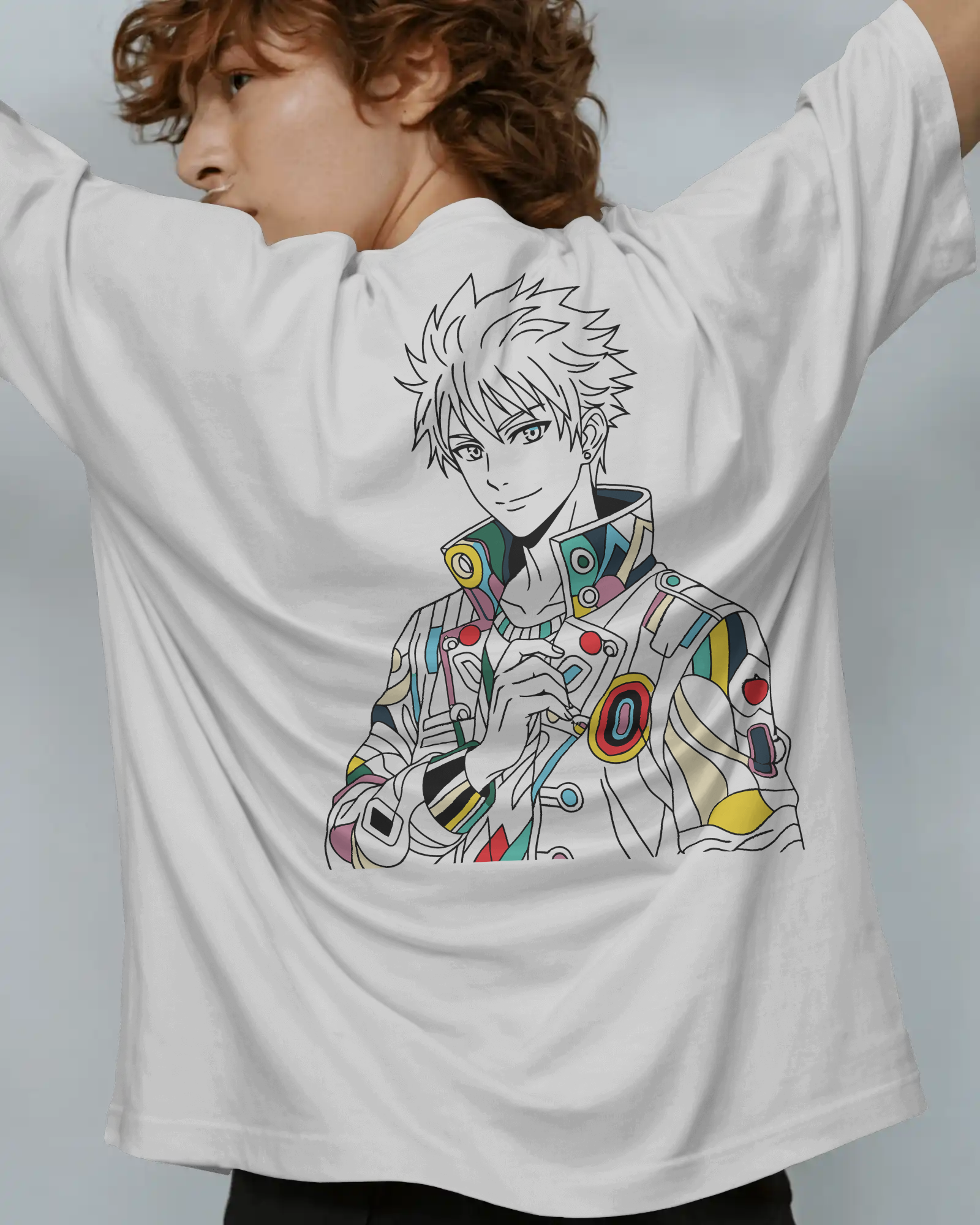 man wearing white oversized t shirt with funky anime character print – TAM-054 by Tanabana A Manoram