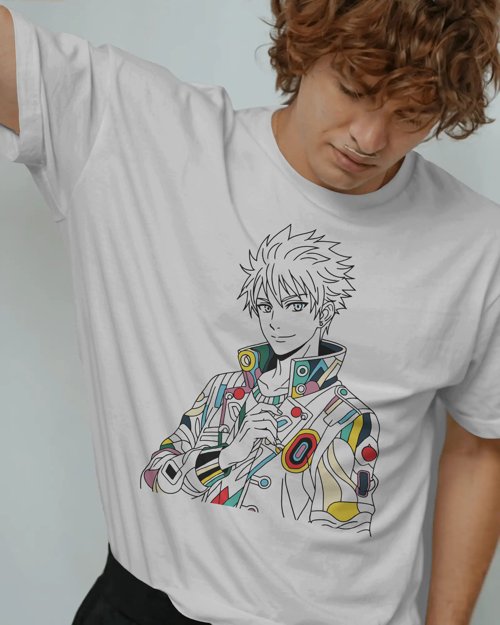 man wearing white oversized t shirt with funky anime character print – TAM-054 by Tanabana A Manoram