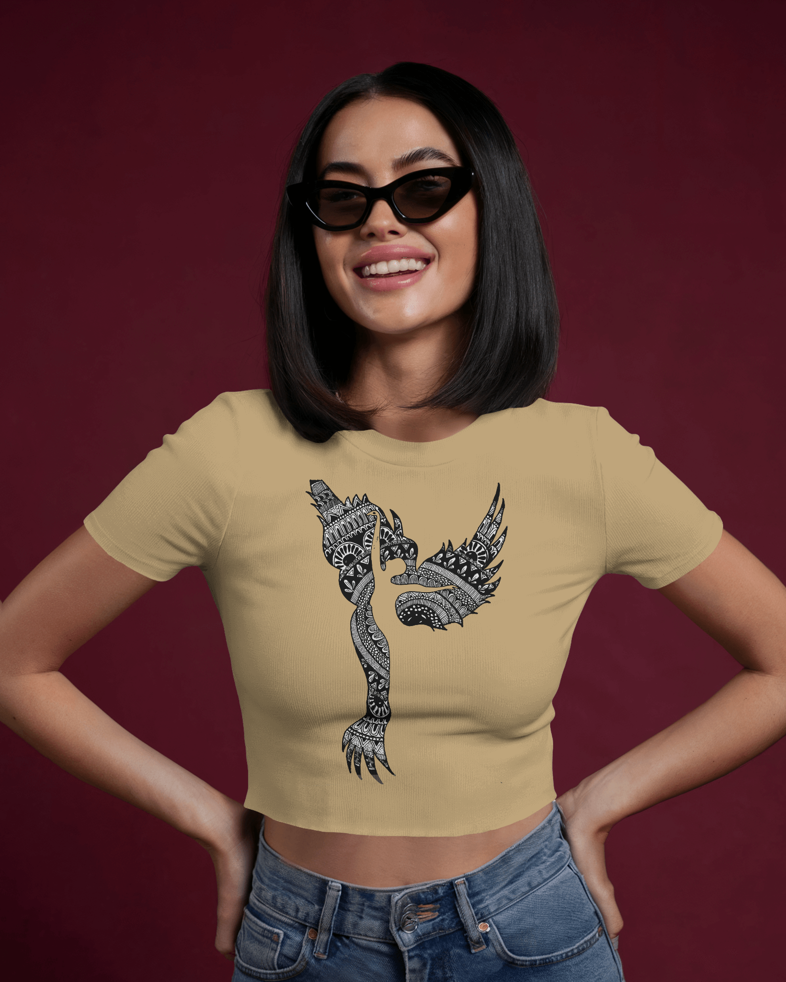 Crop top with black mandala flying lady illustration – Tanabana A Manoram.