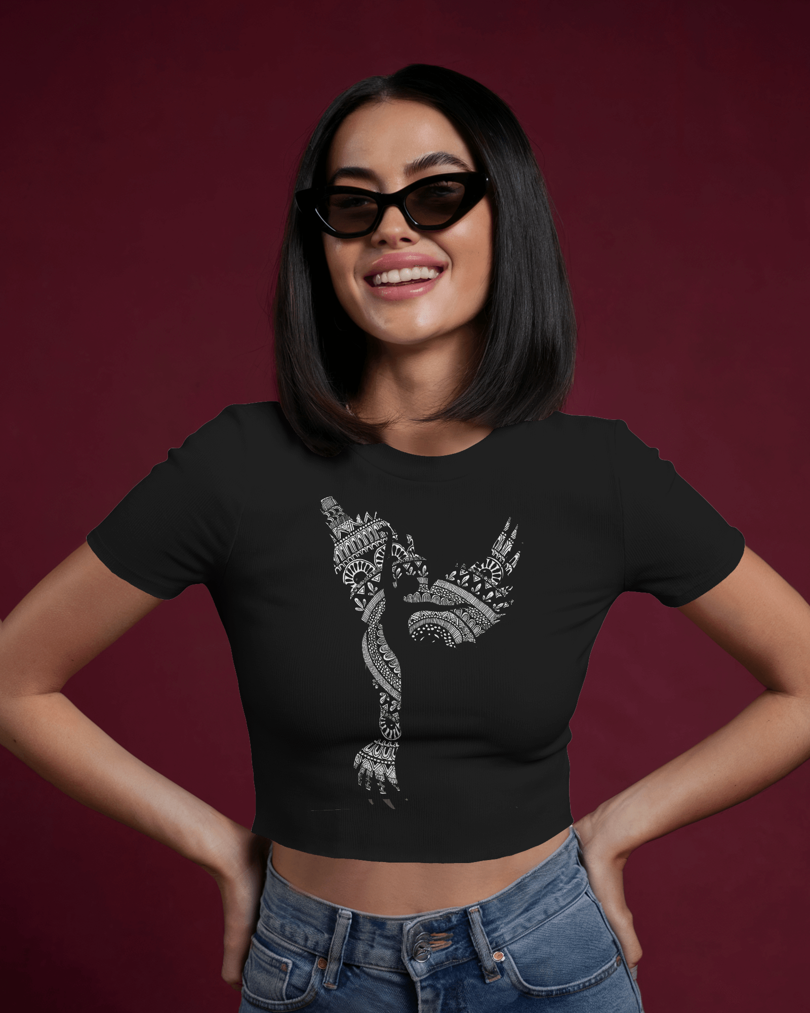 Crop top with black mandala flying lady illustration – Tanabana A Manoram.