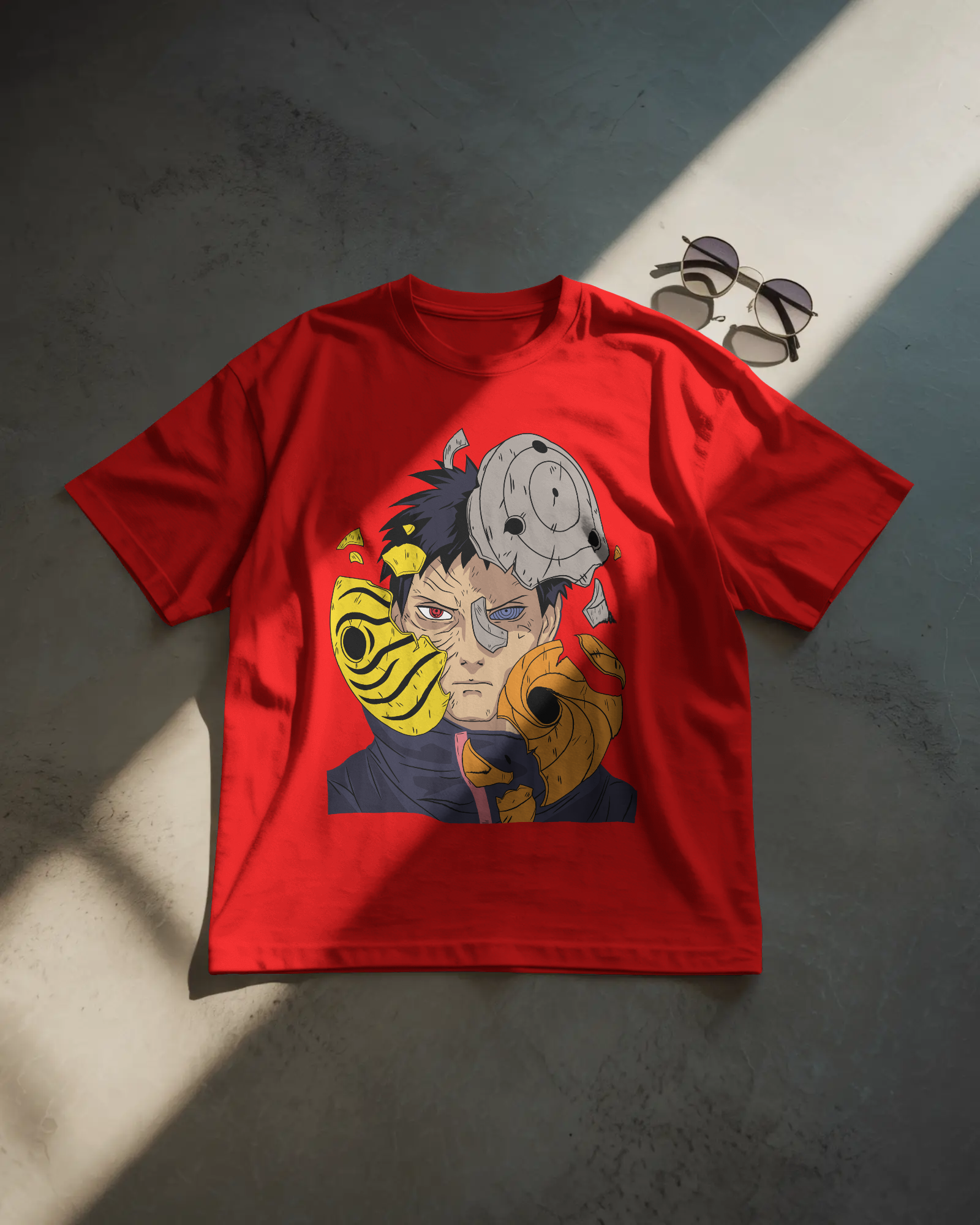 Red oversized t-shirt with a colorful Obito uchiha design on front by Tanabana A Manoram