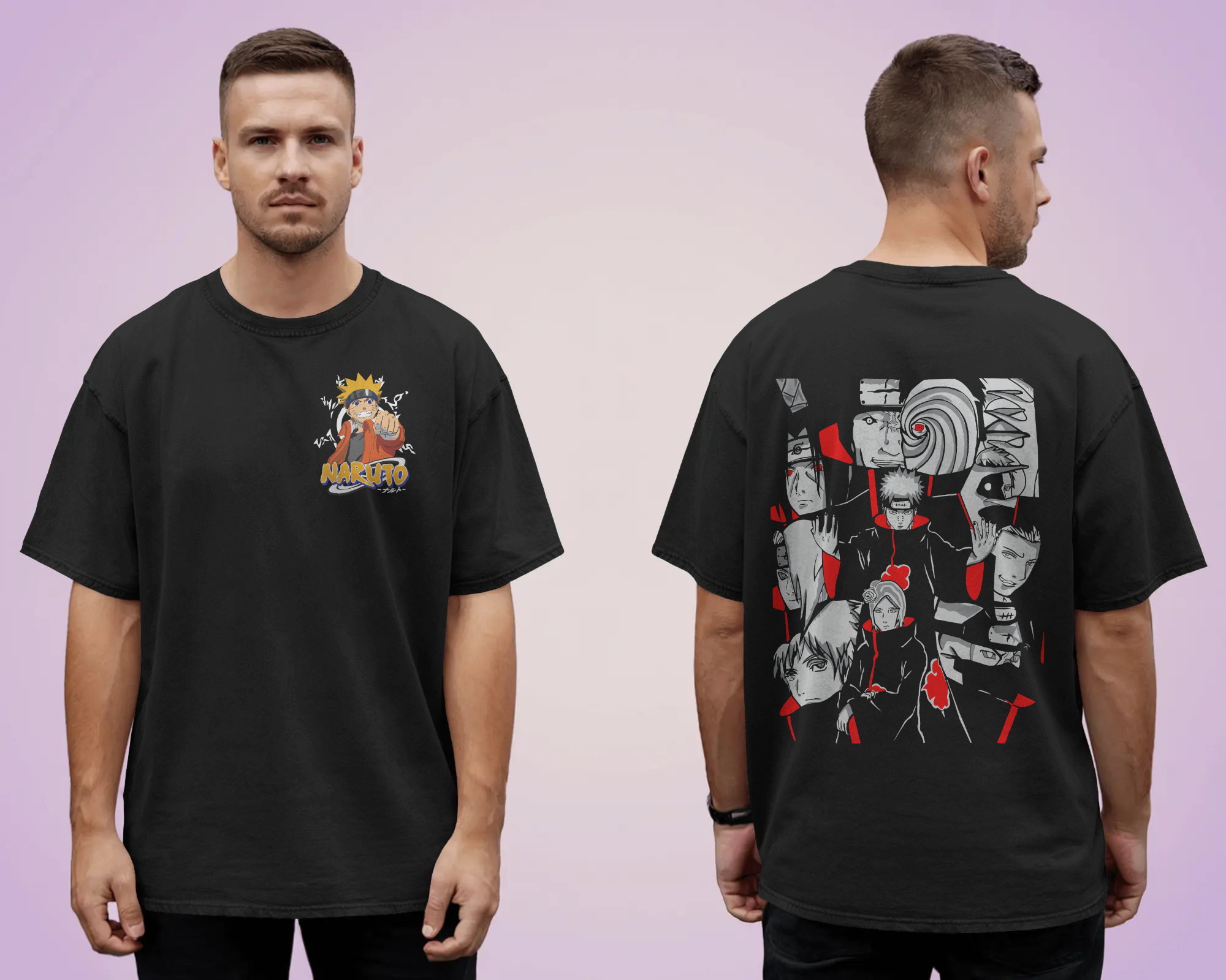 Black oversized t-shirt with a colorful Naruto front and back design by Tanabana A Manoram
