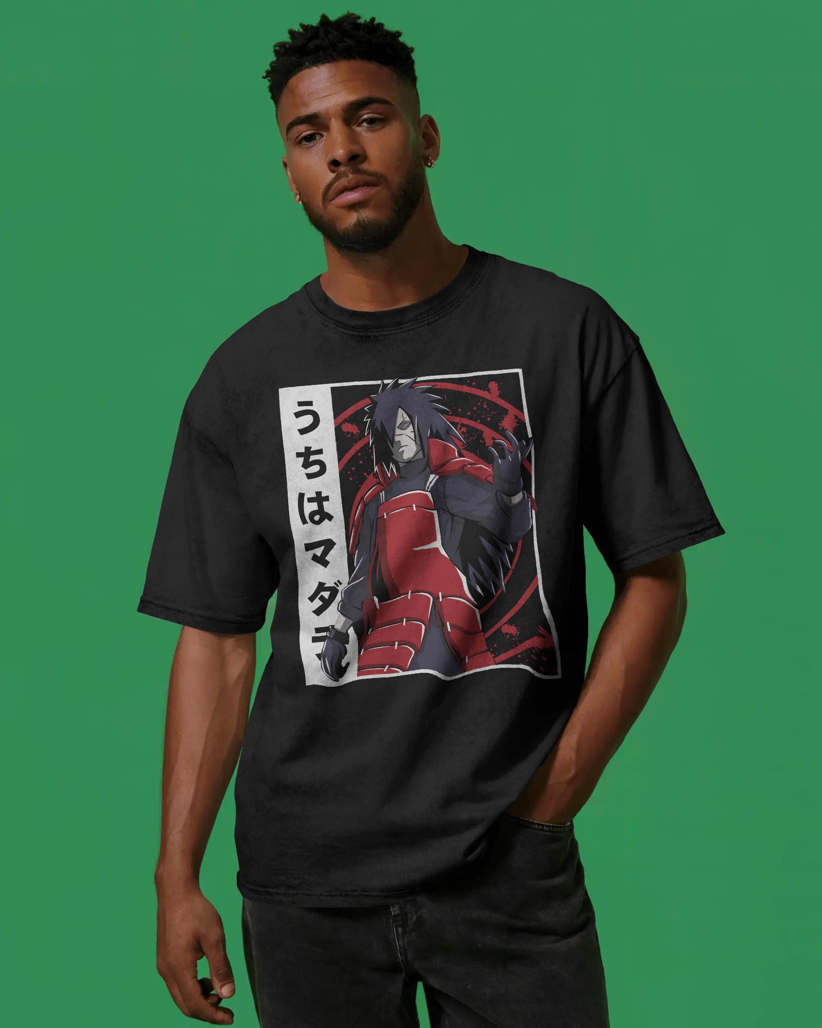 Black oversized t-shirt with a colorful Madara uchiha design on front by Tanabana A Manoram