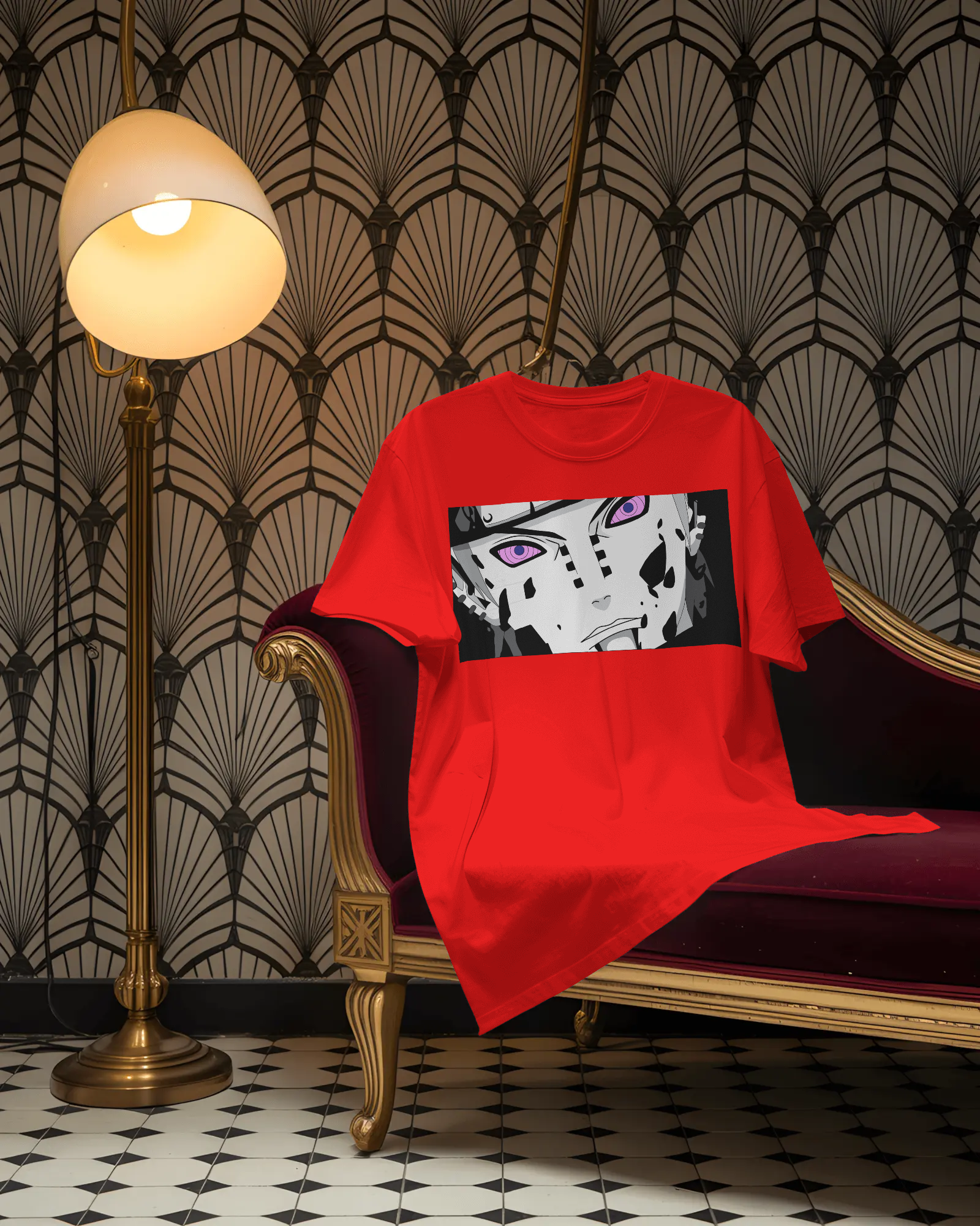 Red oversized t-shirt with a colorful Pain's face design on front by Tanabana A Manoram