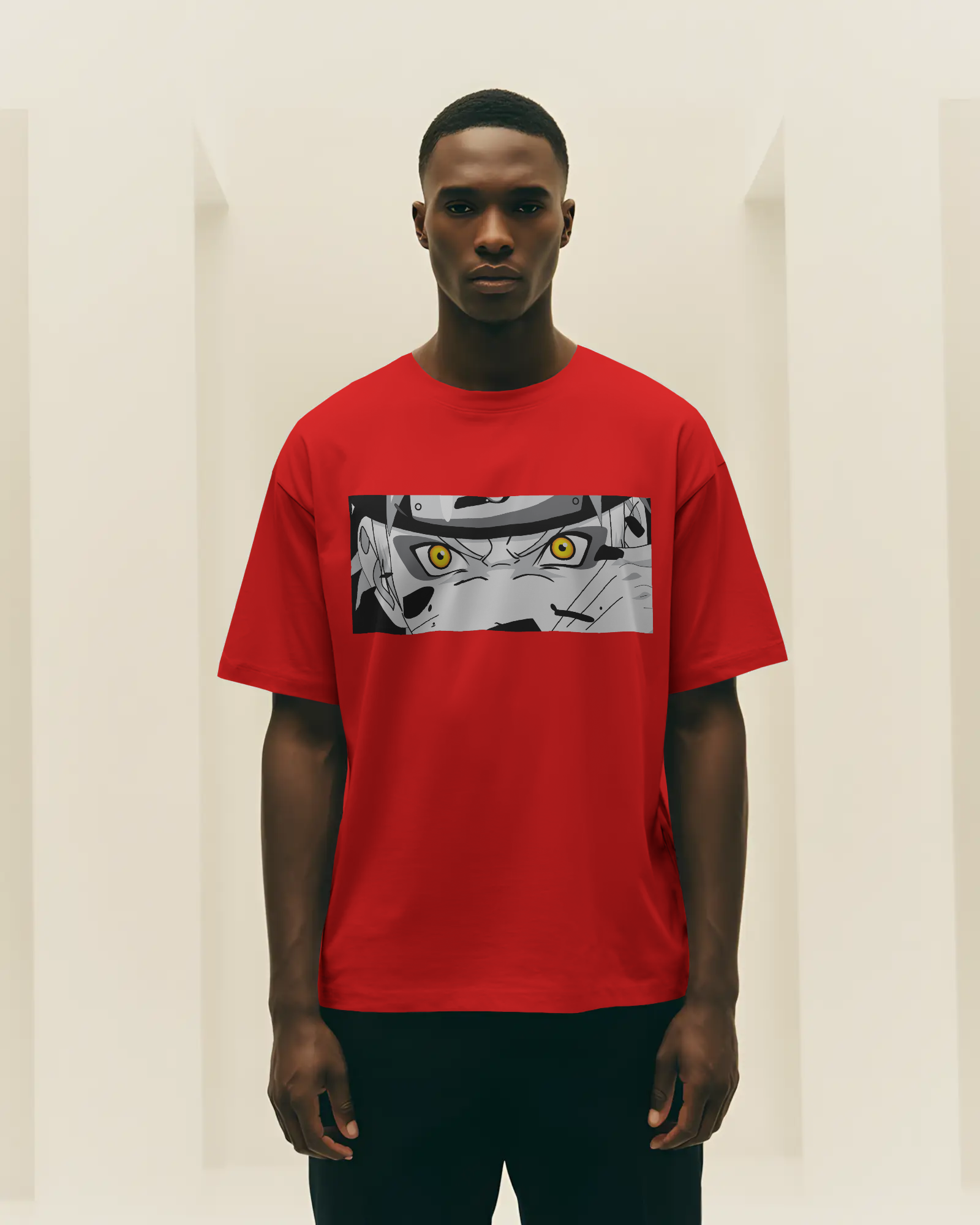 Red oversized t-shirt with a colorful Naruto eyes design on front by Tanabana A Manoram