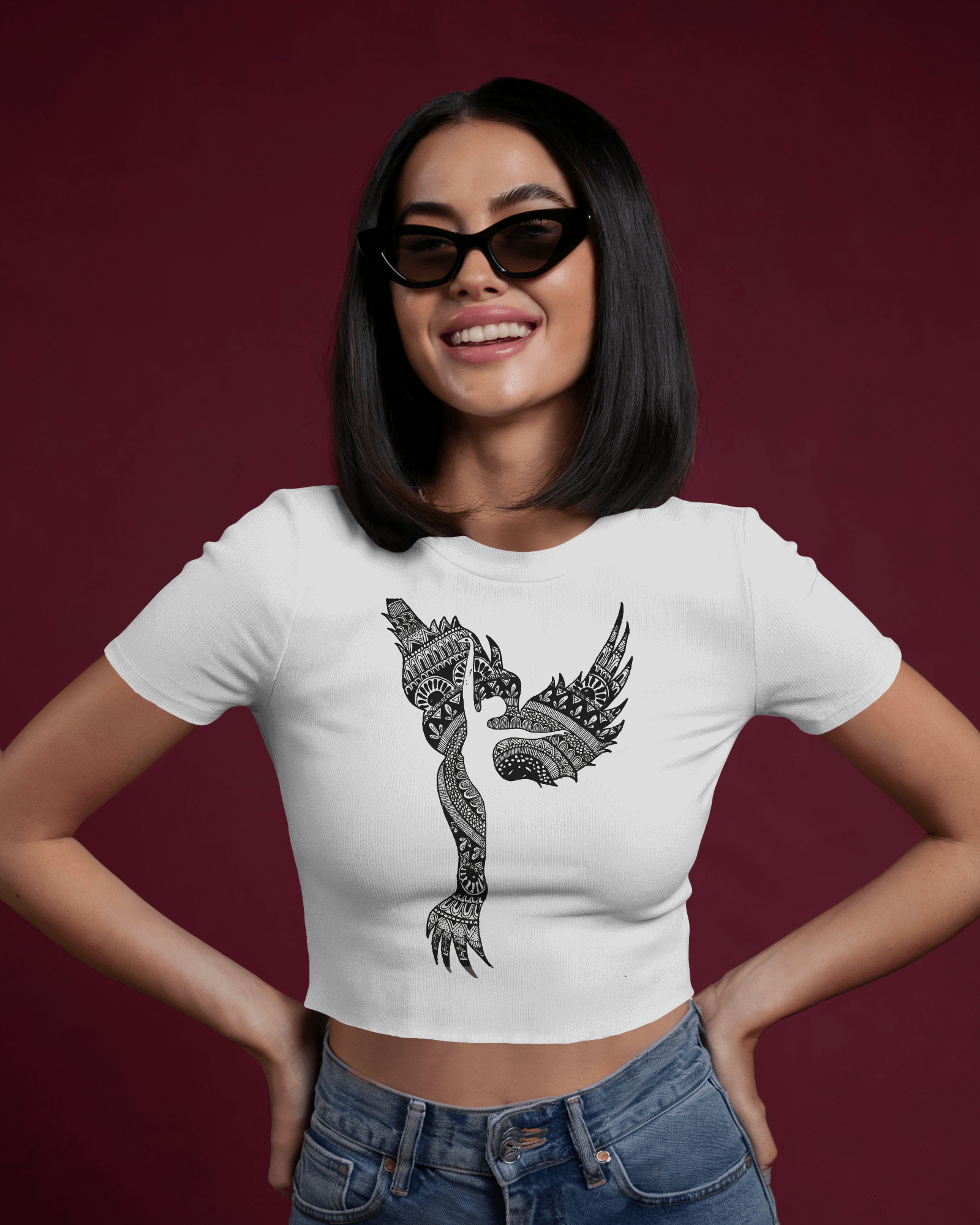 Crop top with black mandala flying lady illustration – Tanabana A Manoram.