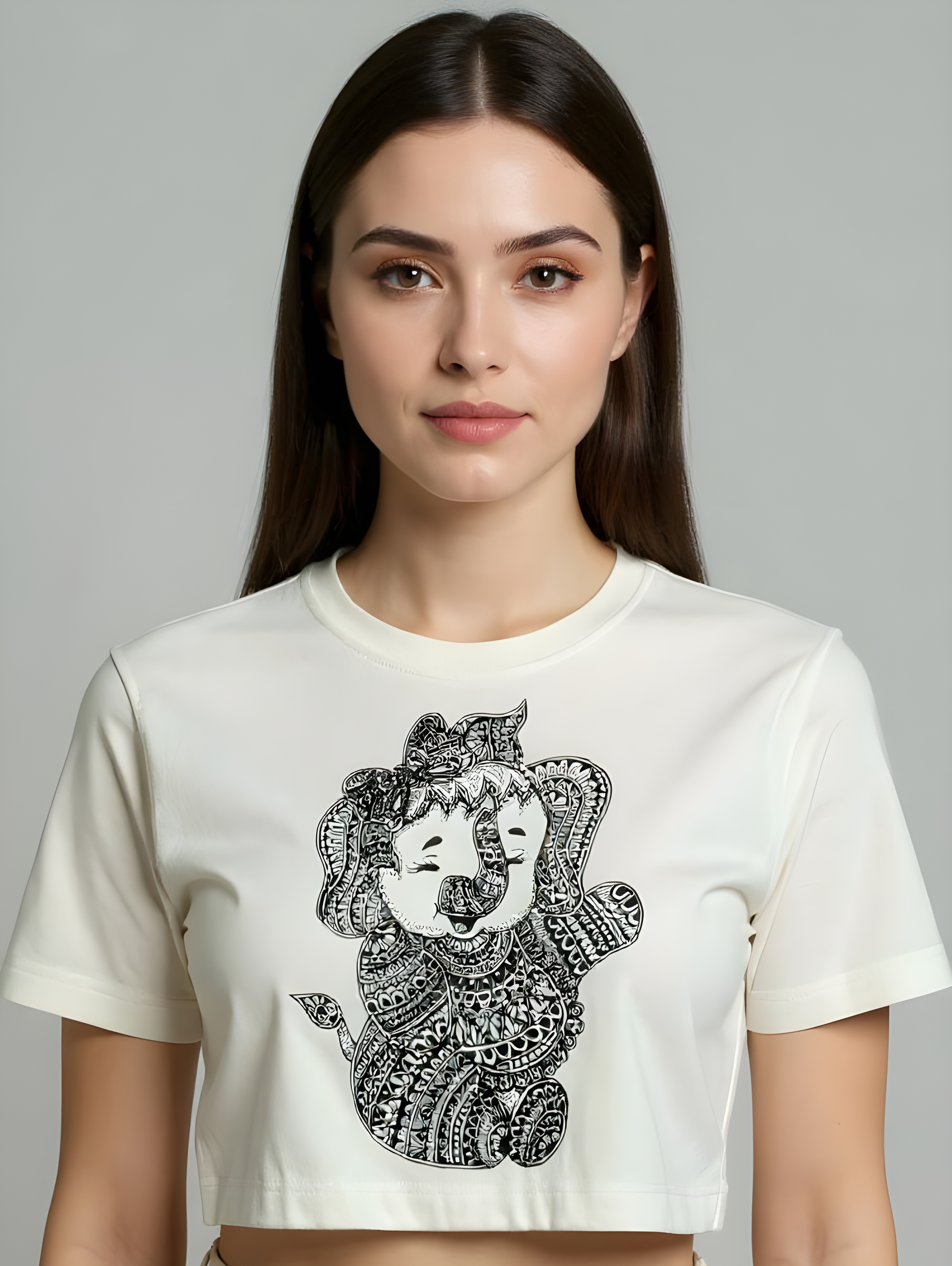 Woman wearing whte crop top with mandala Baby Ganesha illustration – Tanabana A Manoram.