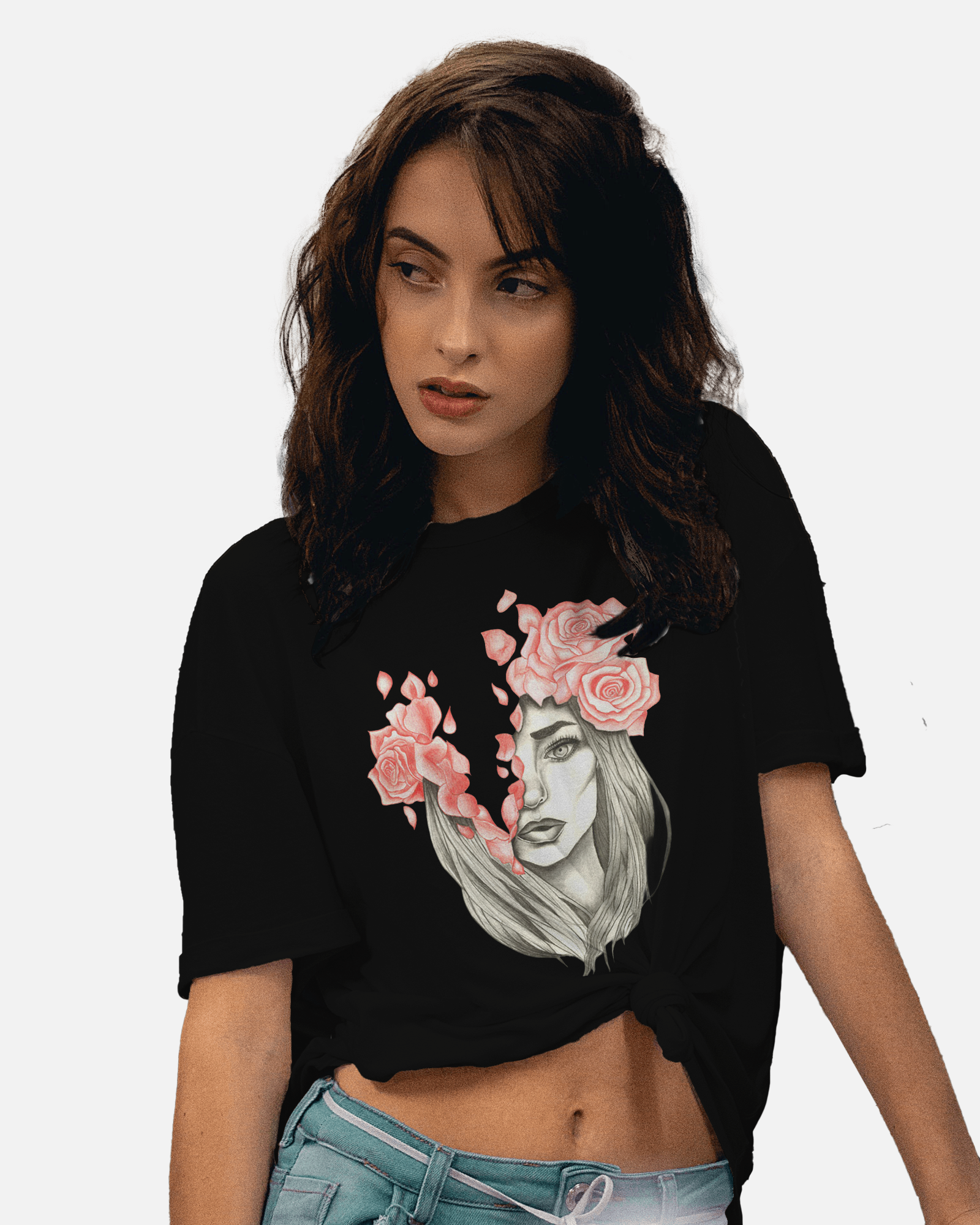 Unisex black oversized lady face printed T-shirt by Tanabana A Manoram