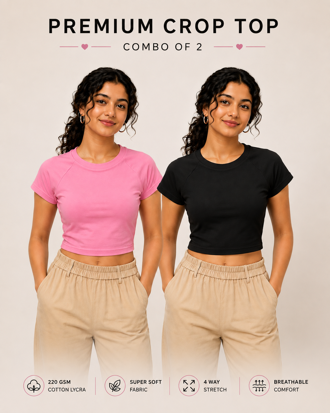 Two women modeling premium crop tops in a studio setting, one wearing a pink top and the other wearing a black top, paired with beige pants. The image includes text reading 'PREMIUM CROP TOP COMBO OF 2' and feature icons at the bottom.
