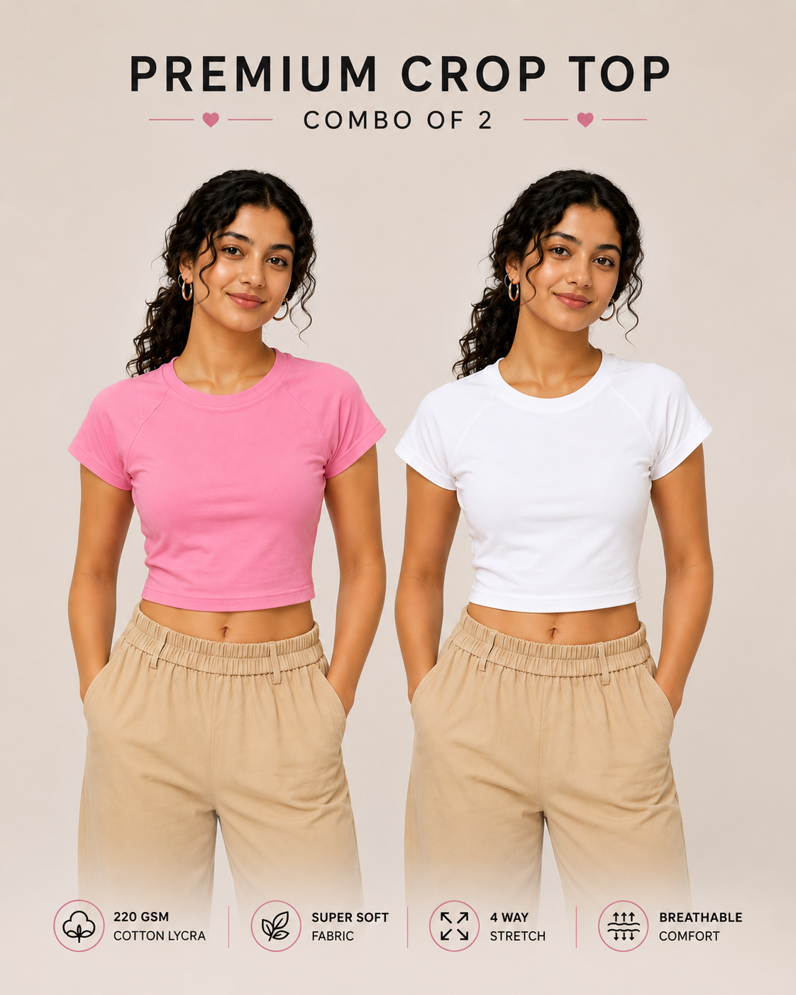 Two women modeling a premium crop top combo of pink and white short-sleeve t-shirts paired with beige drawstring pants, set against a solid beige background with product feature icons at the bottom.