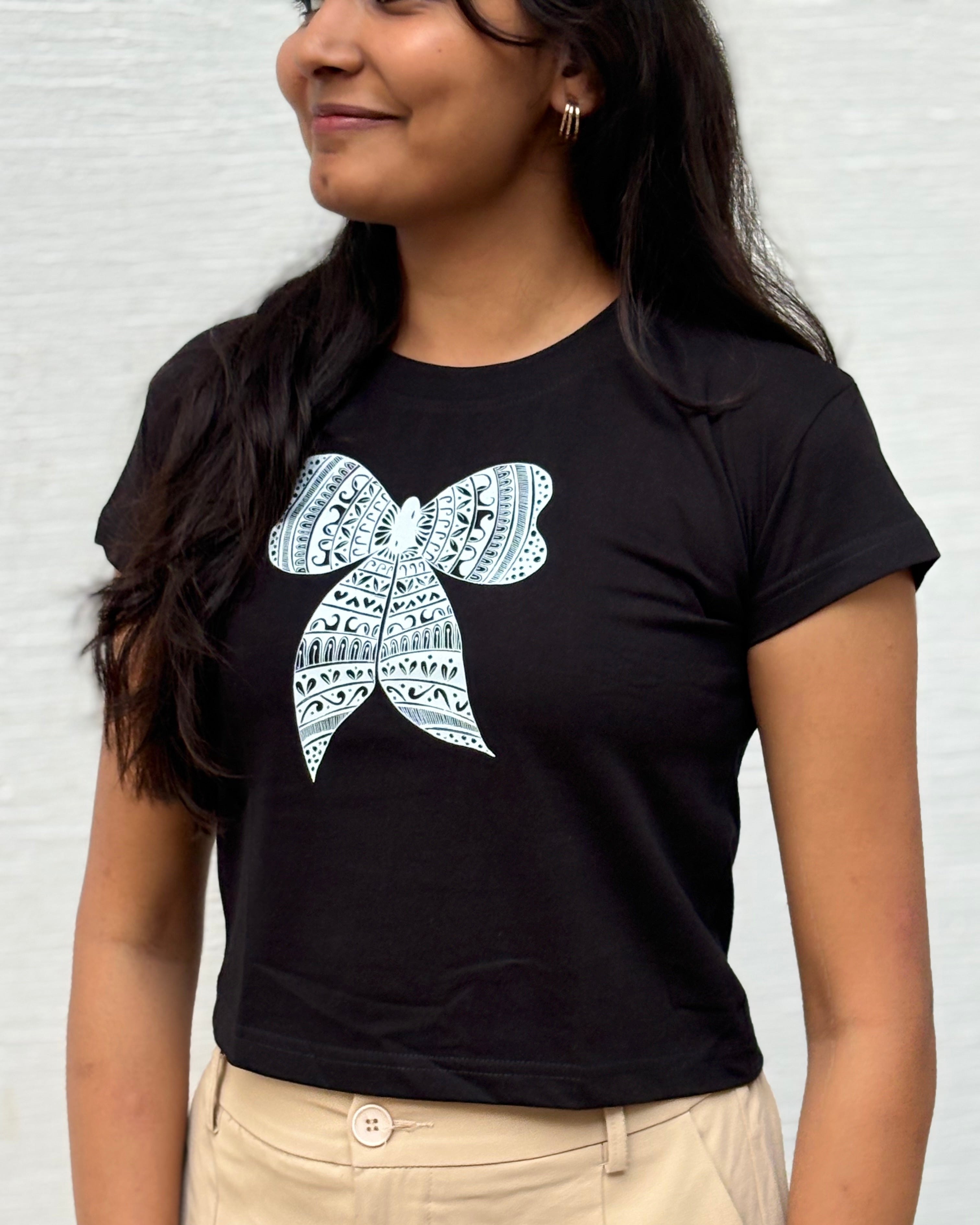 Tanabana women's Black Bandhan bow handmade design printed croptop front view