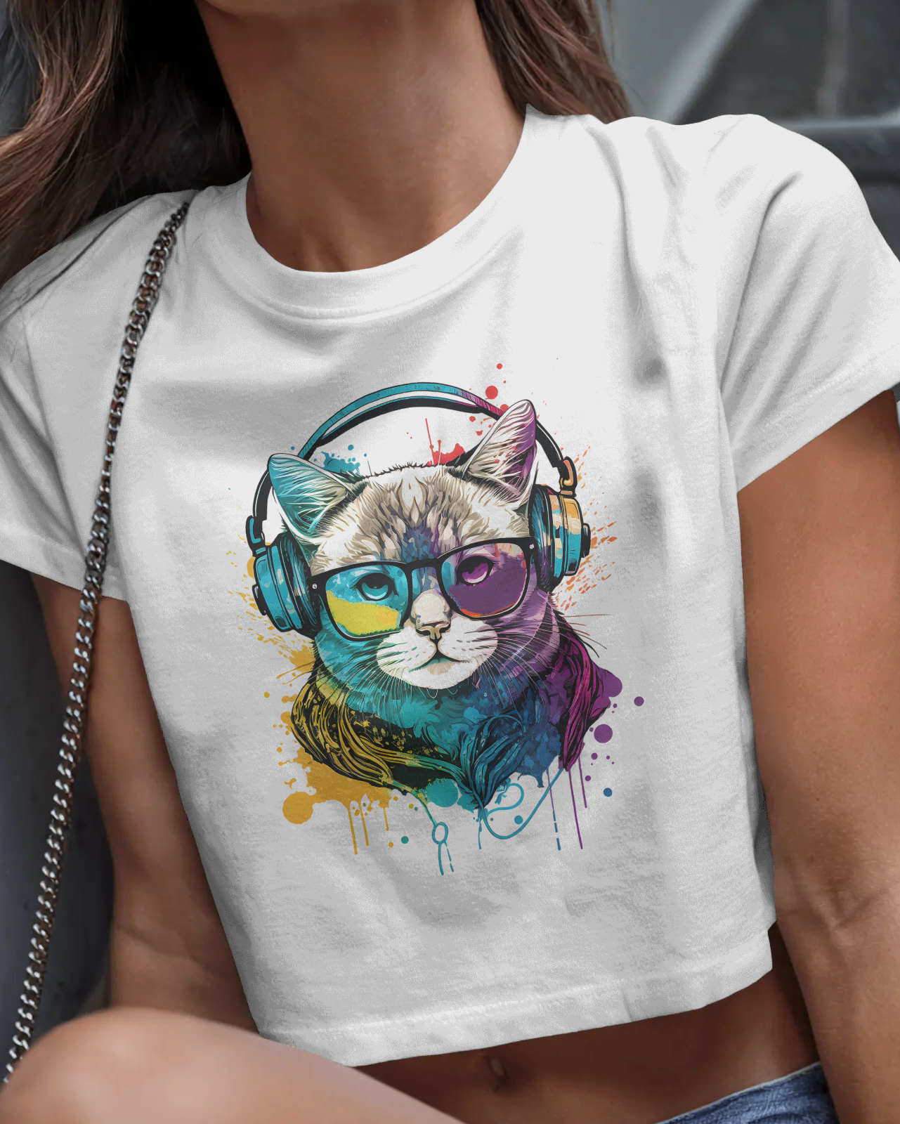 woman wearing cat graphic printed crop top for women 