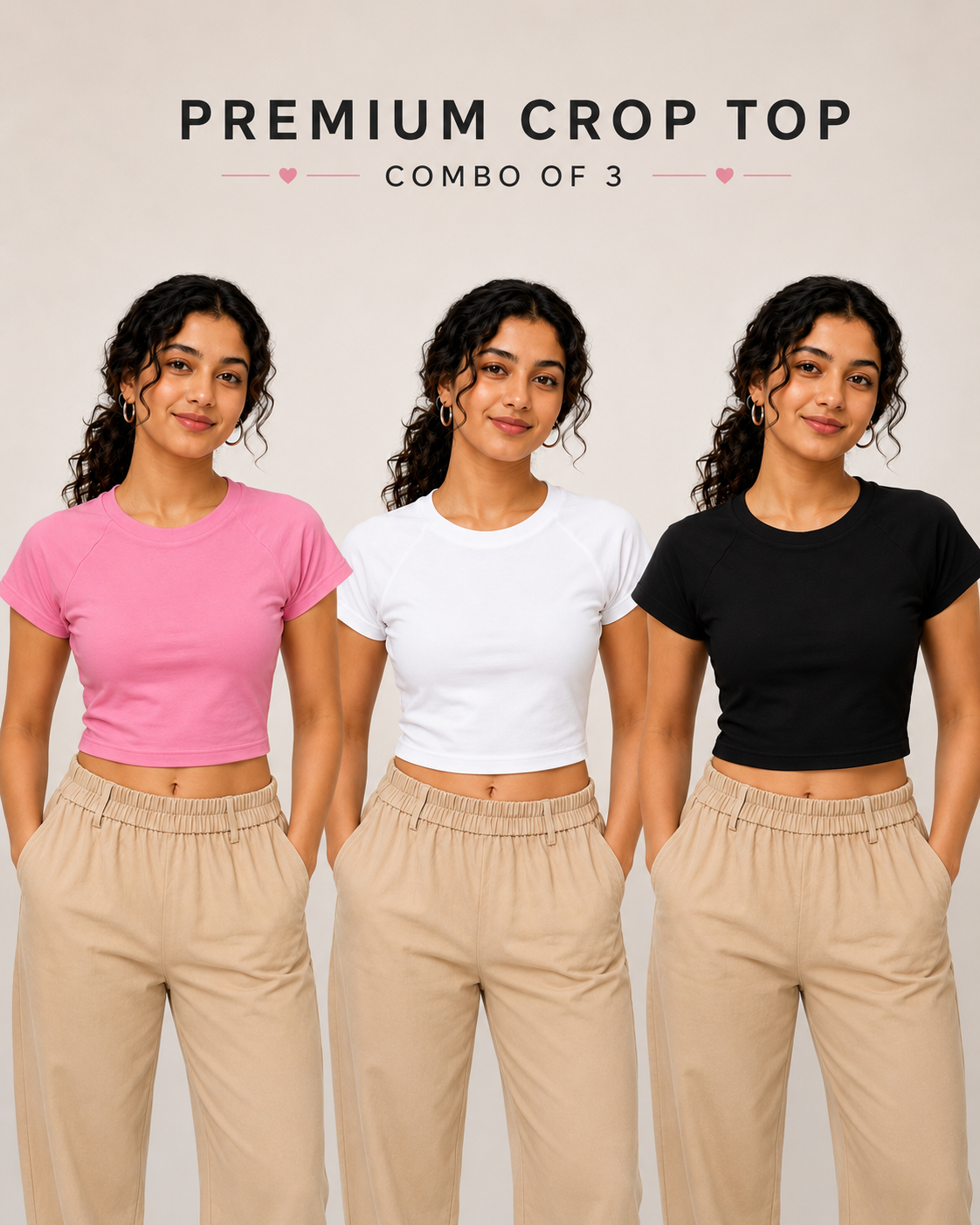 Three women modeling premium crop tops in pink, white, and black, paired with beige wide-leg pants, under the text 'PREMIUM CROP TOP COMBO OF 3' on a light beige background.