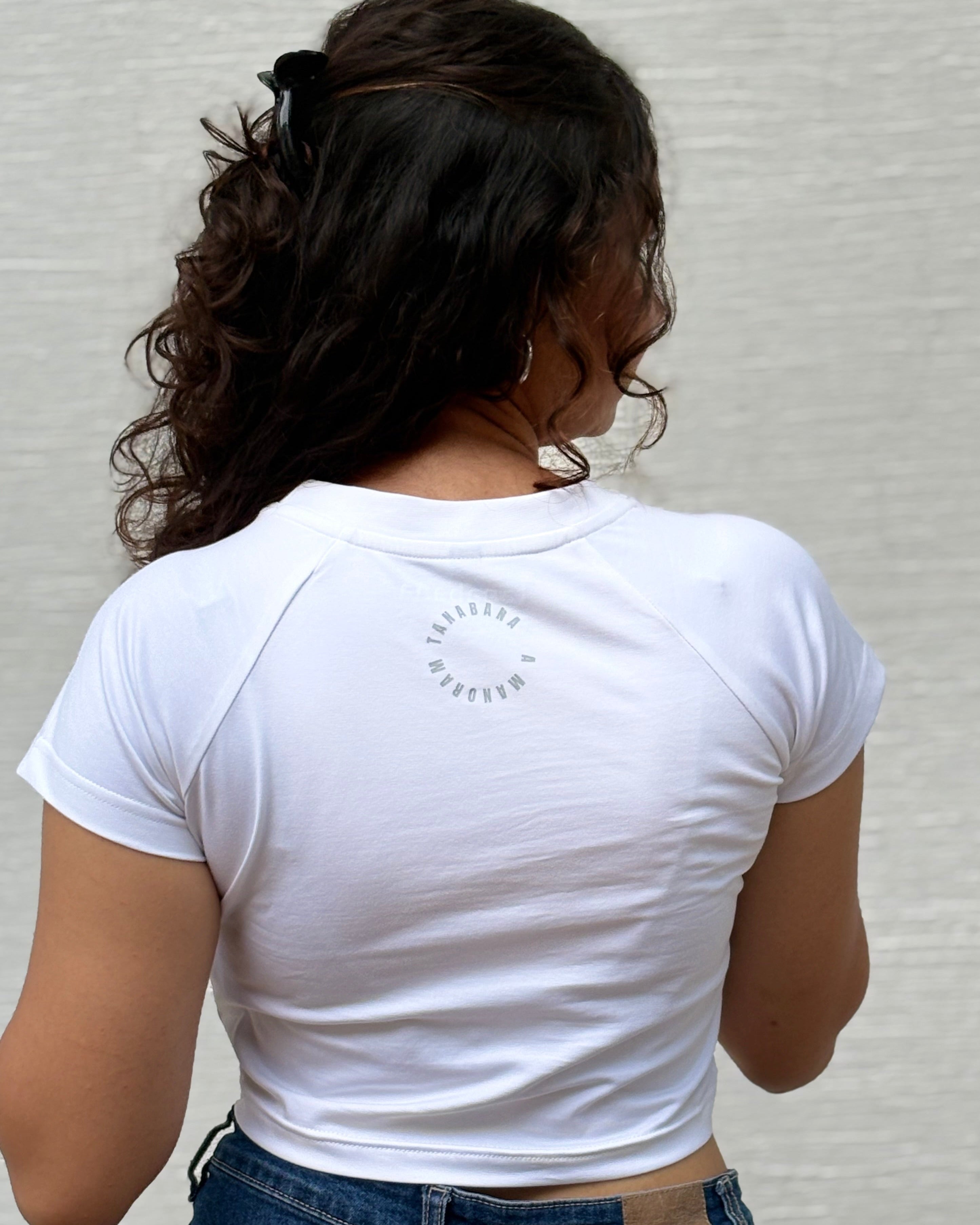 Back view of Mahakal Mode print on white crop top