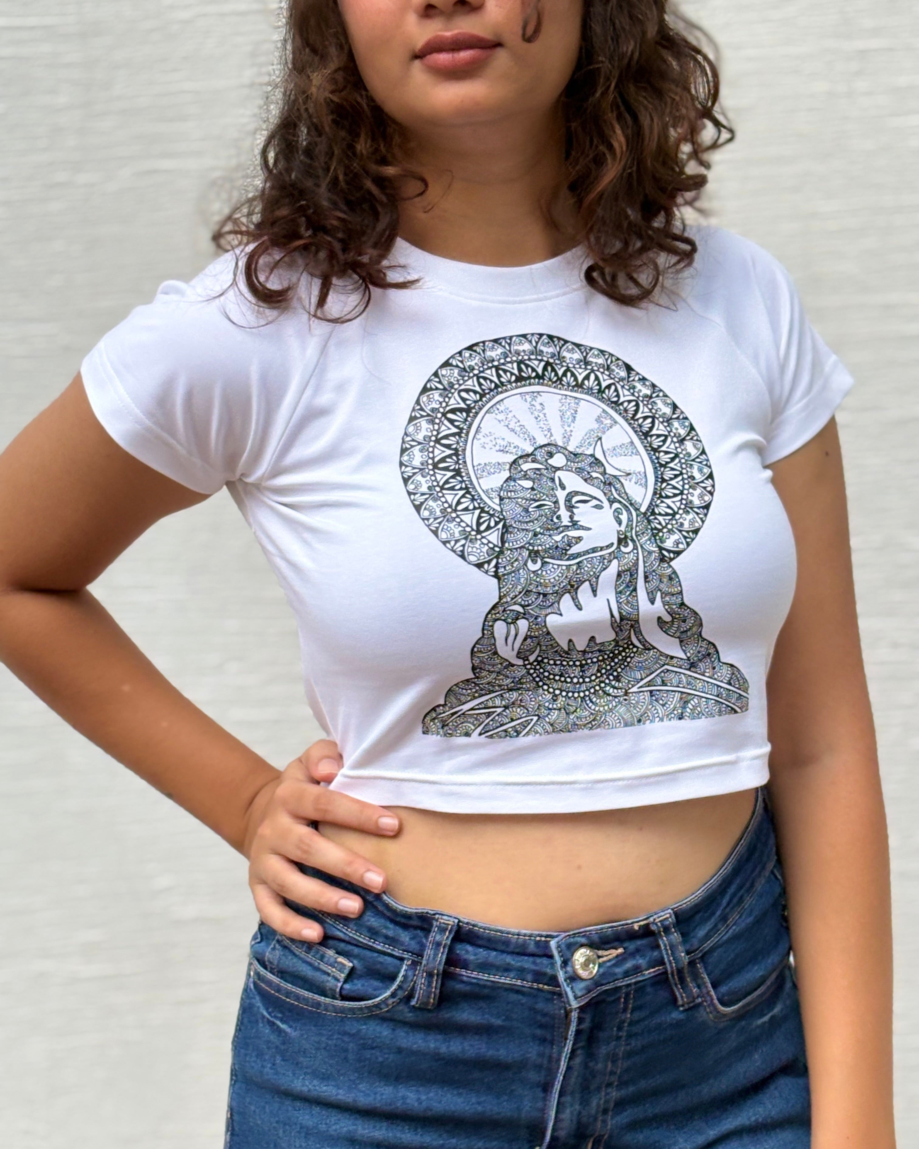 Close-up of Mahakal Mode graphic print on white crop top