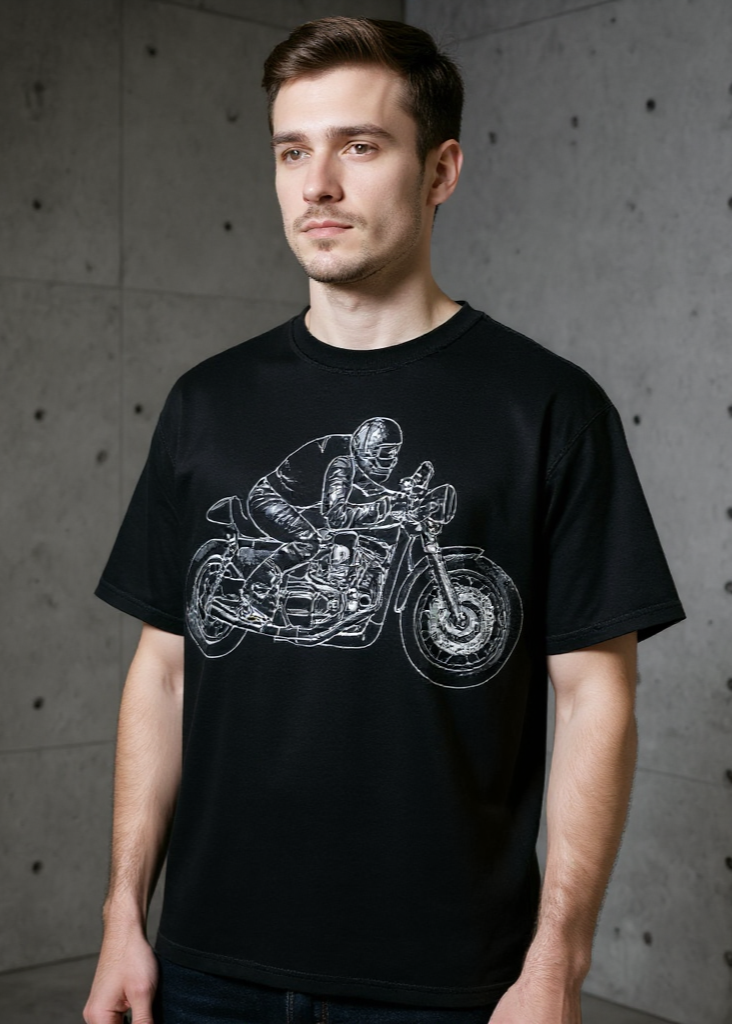 Man wearing a black t-shirt with a motorcycle graphic against a gray concrete wall.