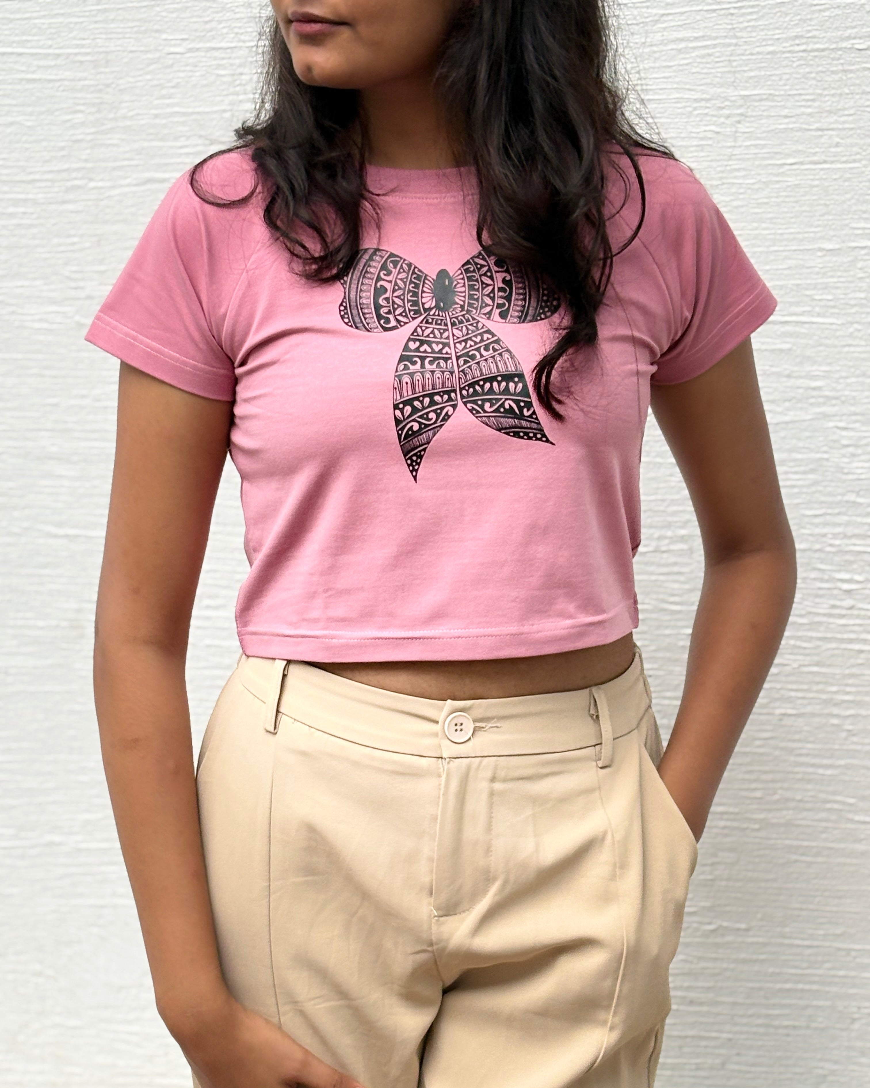 Tanabana Bandhan bow printed pink crop top front view