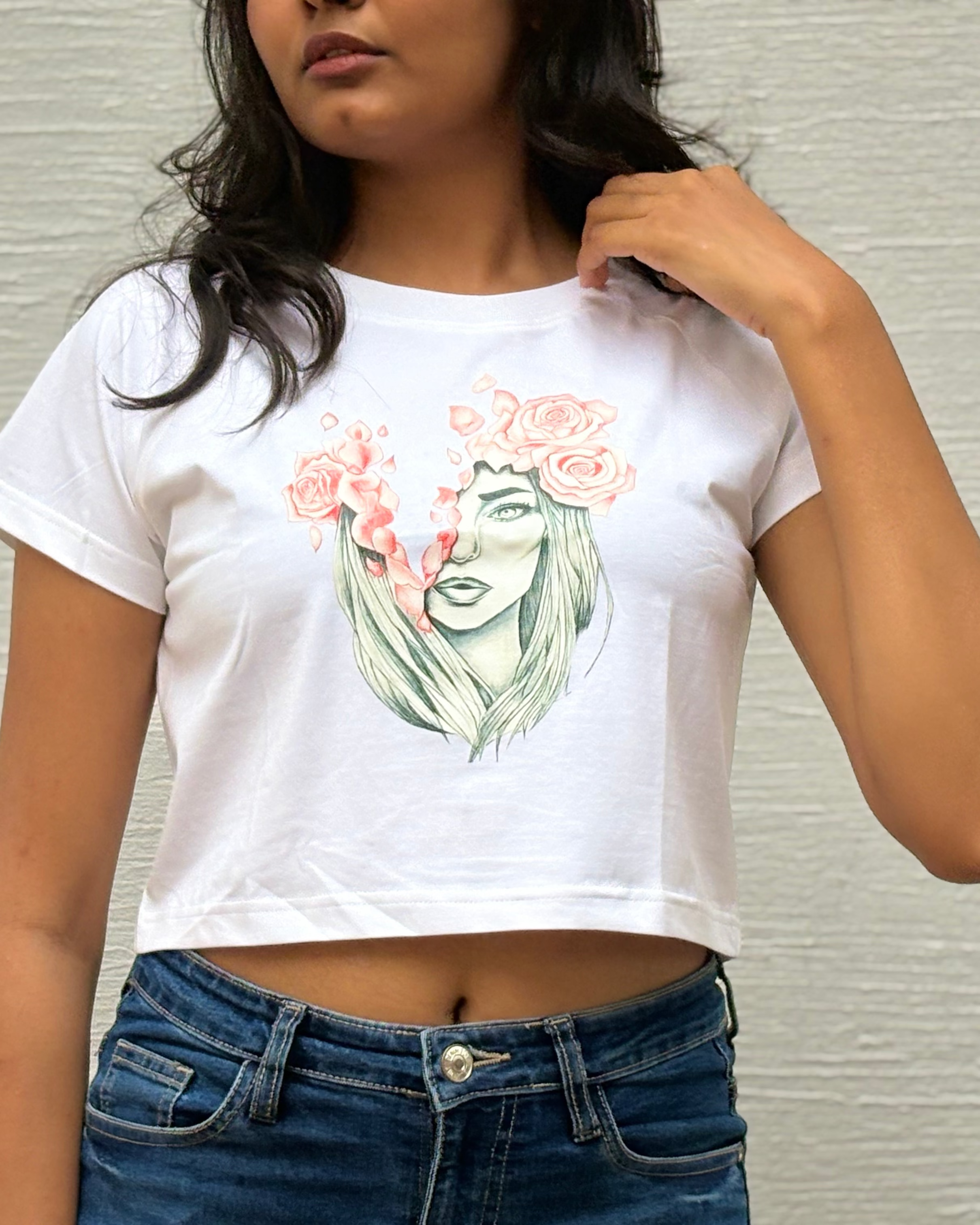 Sketched girl with roses in her hair and falling coral petals, front view  white t-shirt worn by model - Tanabana A Manoram