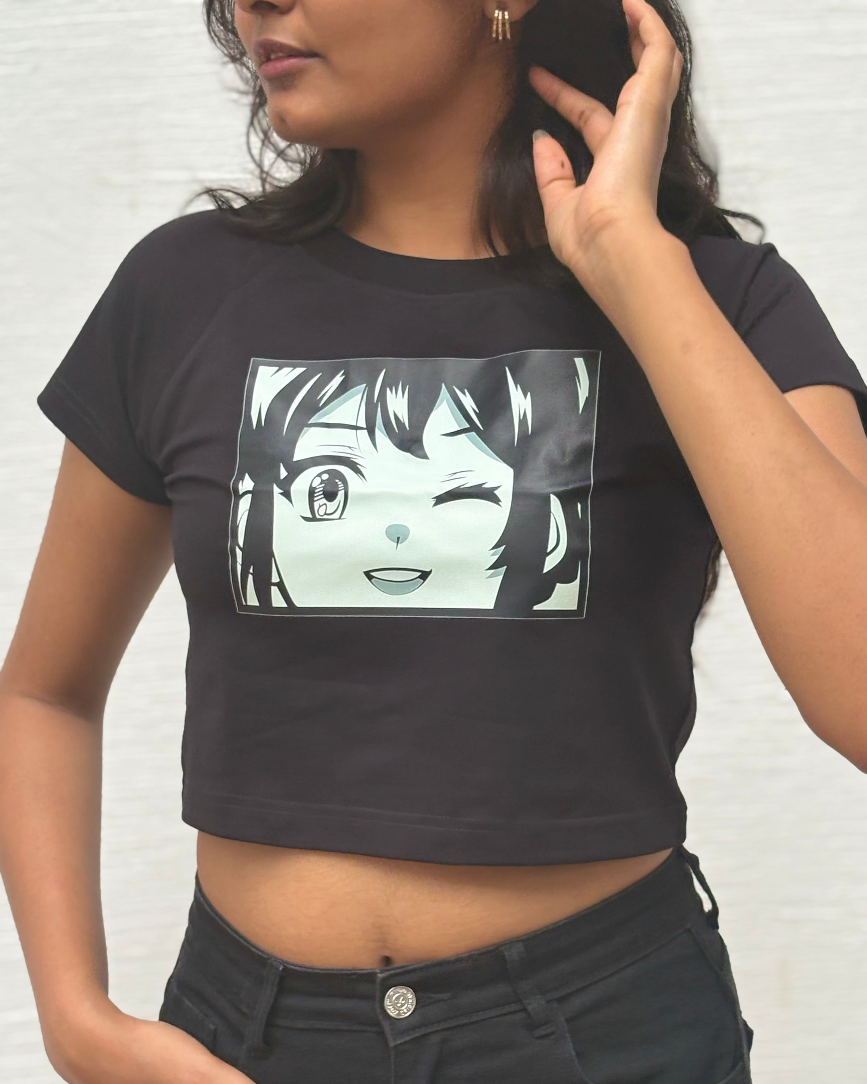 Nazar na lage croptop in white, anime girl winking print- Tanabana A Manoram