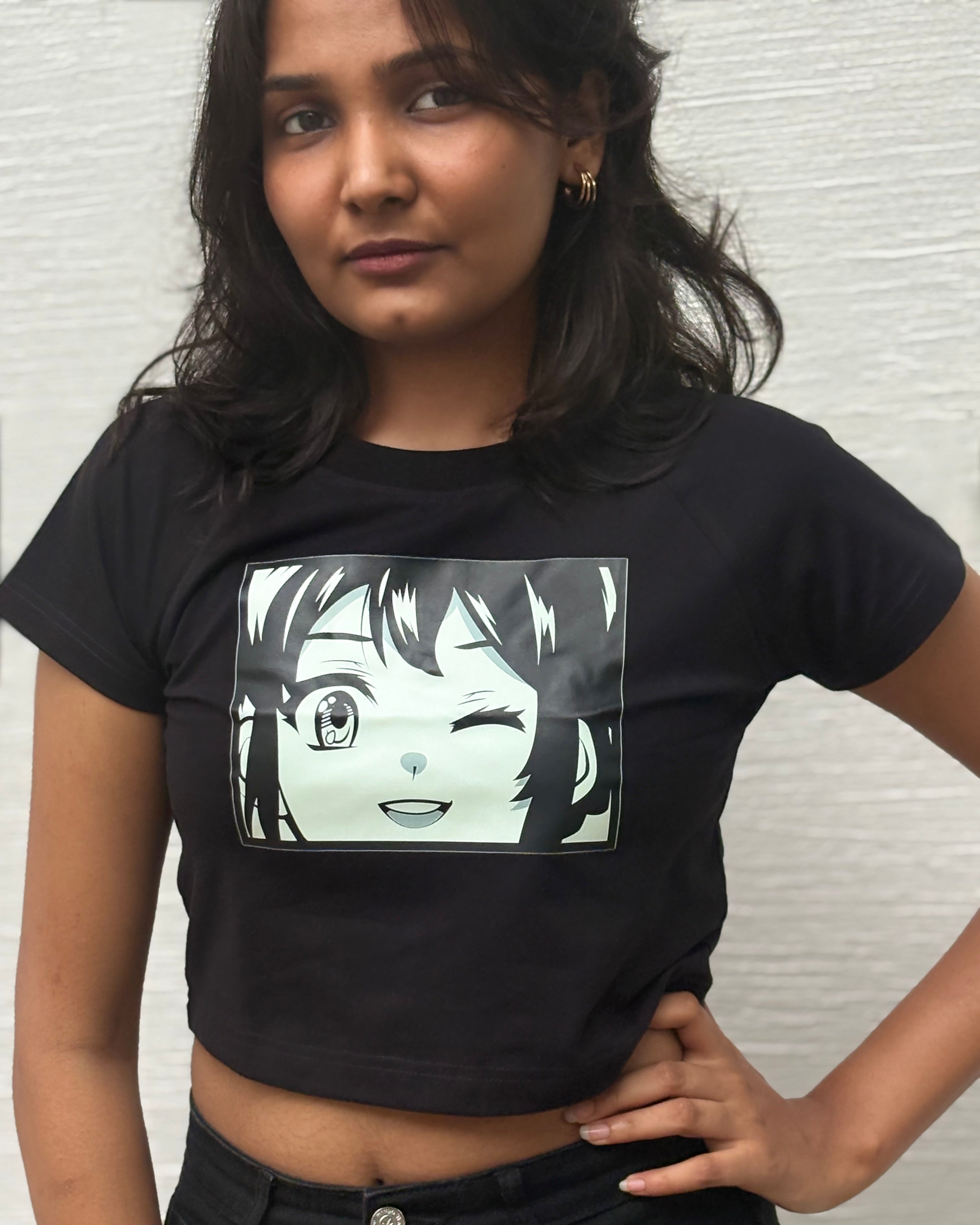 Tanabana Nazar Na Lage printed crop top in black, front view
