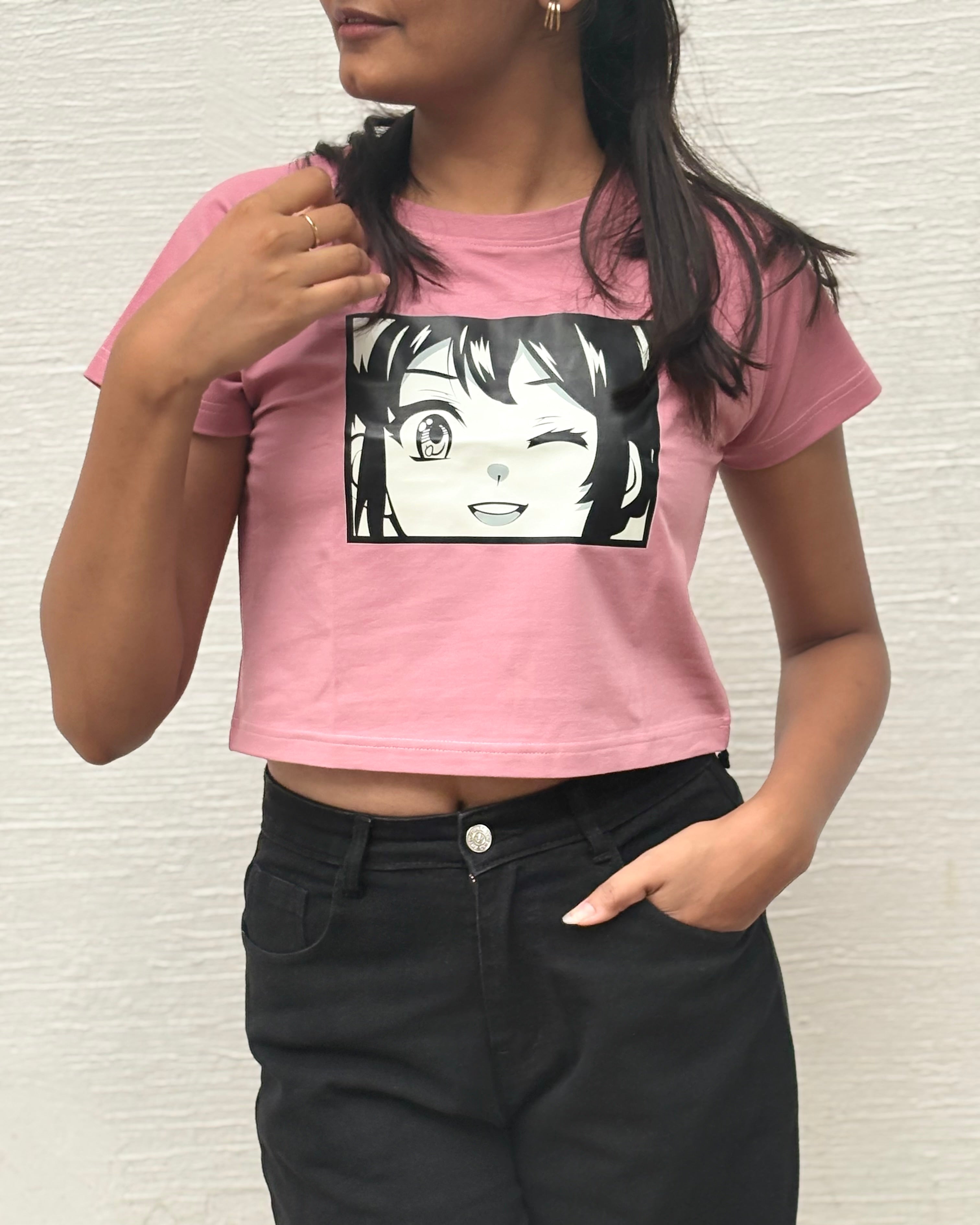 Tanabana Nazar Na Lage printed crop top in pink, front view
