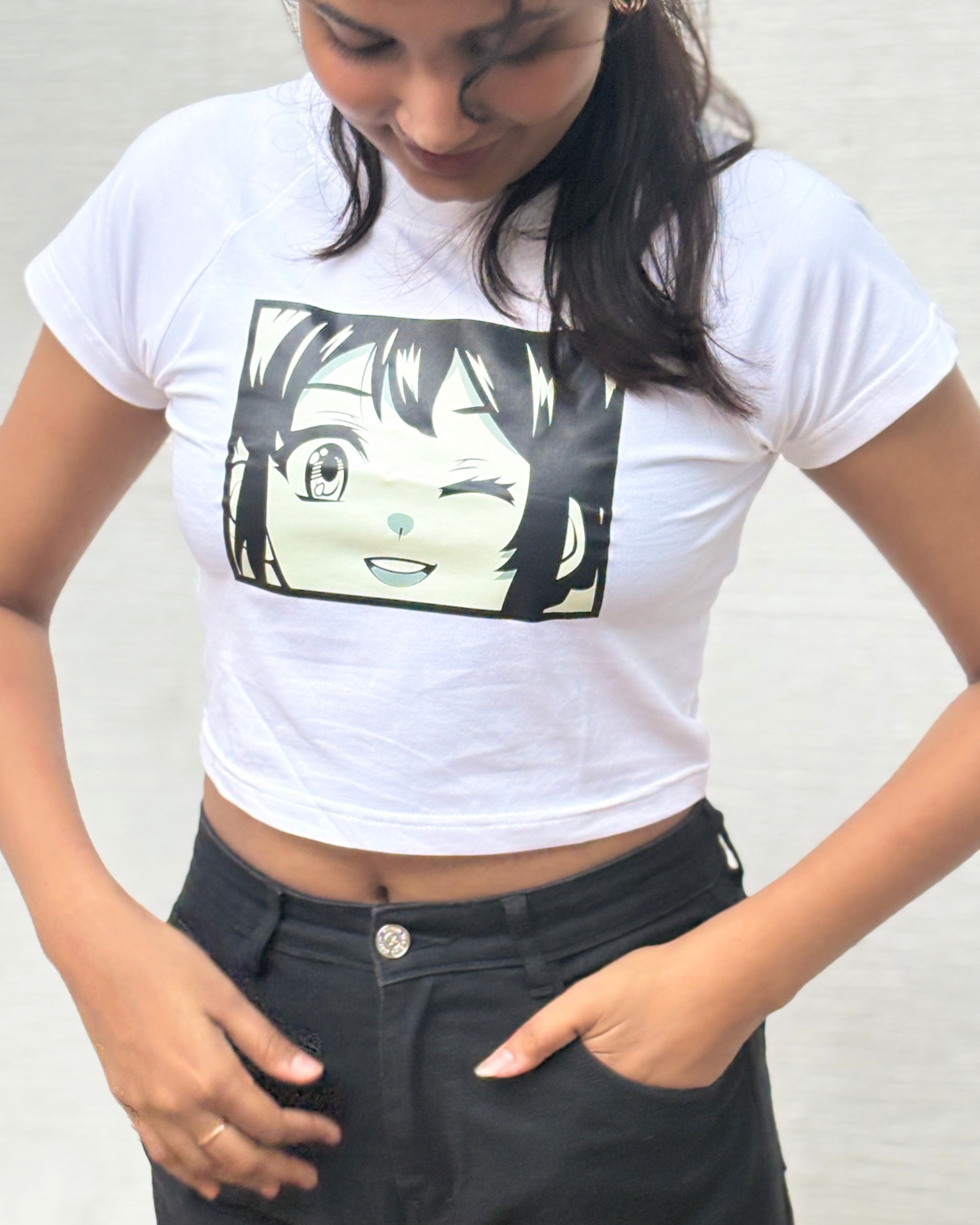 Tanabana Nazar Na Lage printed crop top in white, front view