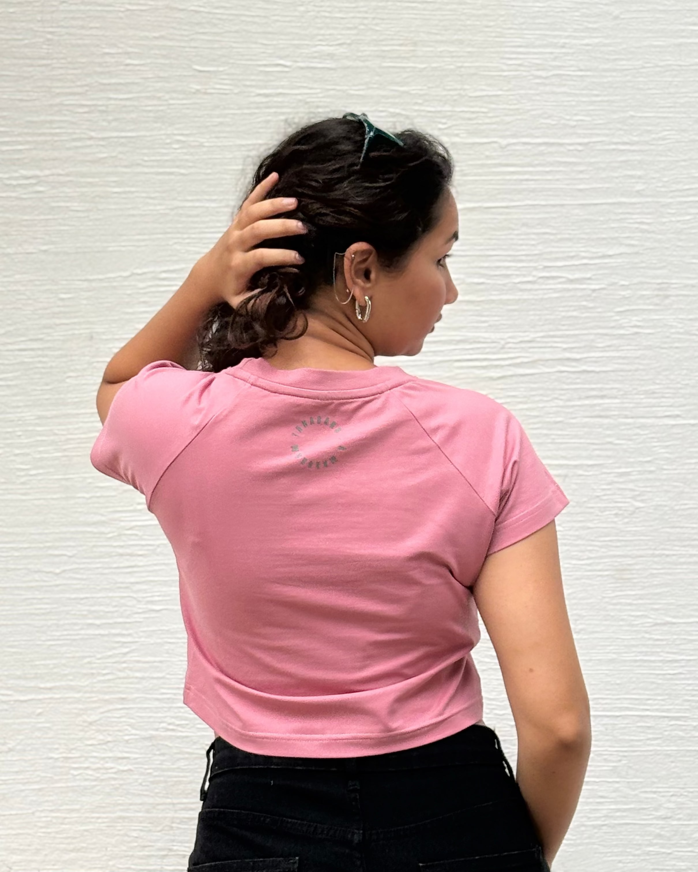 Hand-drawn mandala Baby Ganesha illustration print, back view t-shirt worn by model - Tanabana A Manoram