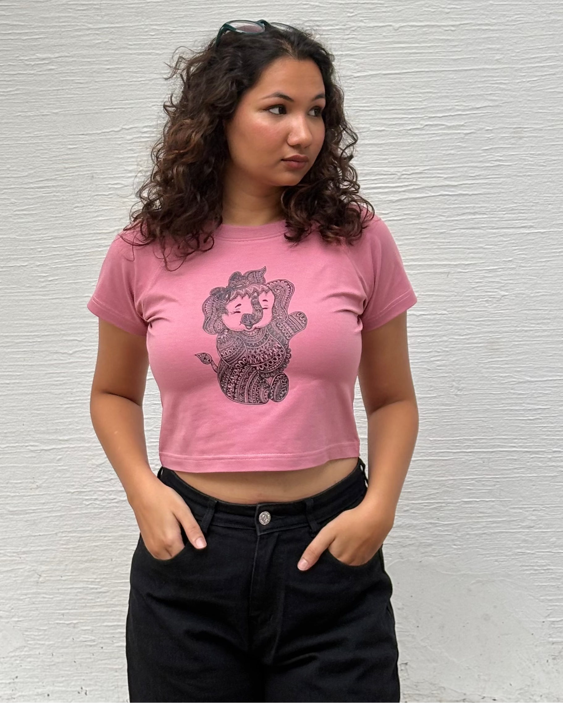 Vighnaharta croptop in pink, baby ganesha print, front view 