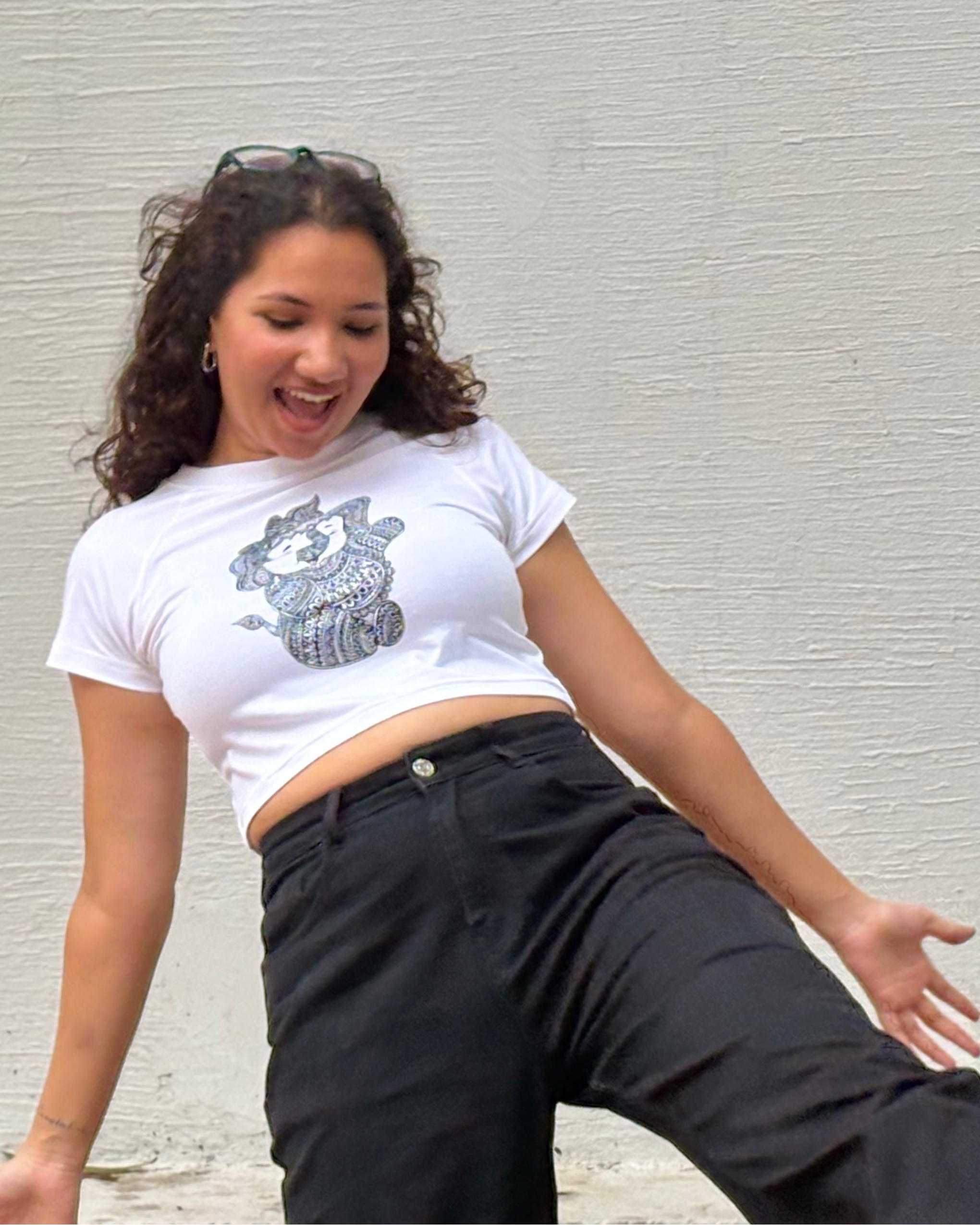 Hand-drawn mandala Baby Ganesha illustration print, front in style view white t-shirt worn by model - Tanabana A Manoram